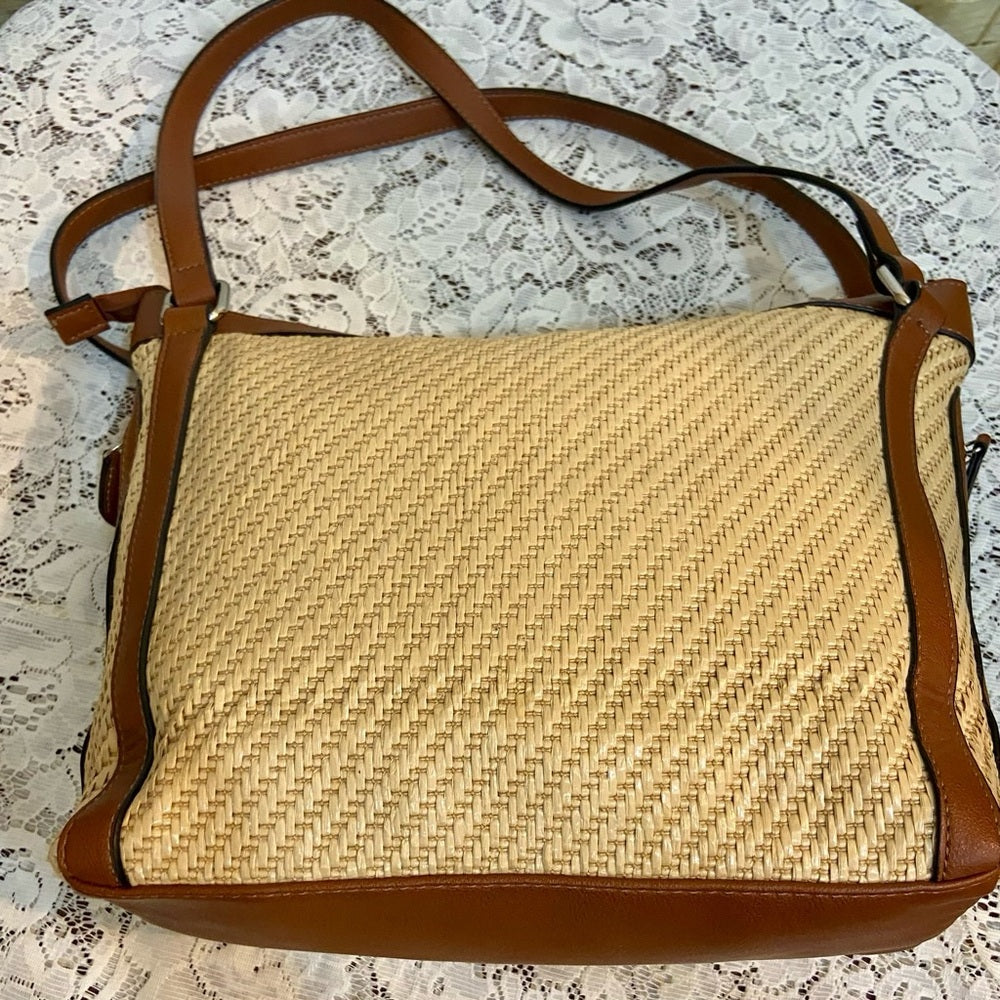 Chaps Beige Shoulder Bag with Brown Leather Strap