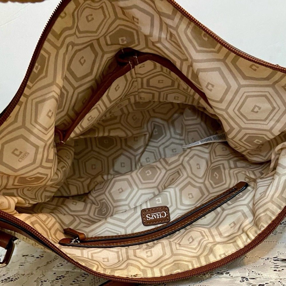 Chaps Beige Shoulder Bag with Brown Leather Strap