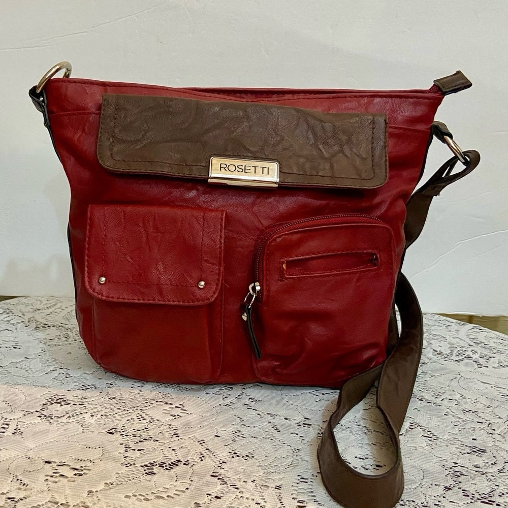 Rosetti Red and Brown Faux Leather Trim Handbag-Crossbody. (12in x 10in x 4.5in)