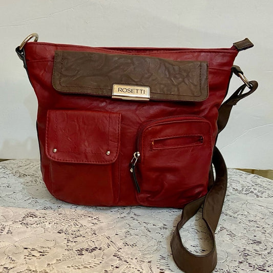 Rosetti Red and Brown Faux Leather Trim Handbag-Crossbody. (12in x 10in x 4.5in)