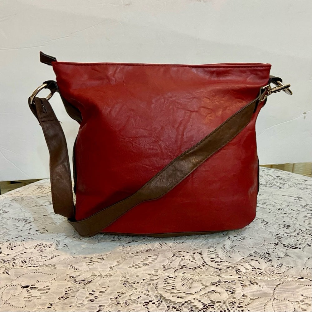 Rosetti Red and Brown Faux Leather Trim Handbag-Crossbody. (12in x 10in x 4.5in)