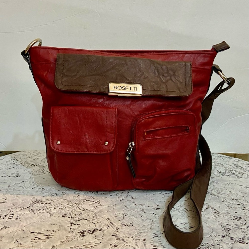 Rosetti Red and Brown Faux Leather Trim Handbag-Crossbody. (12in x 10in x 4.5in)