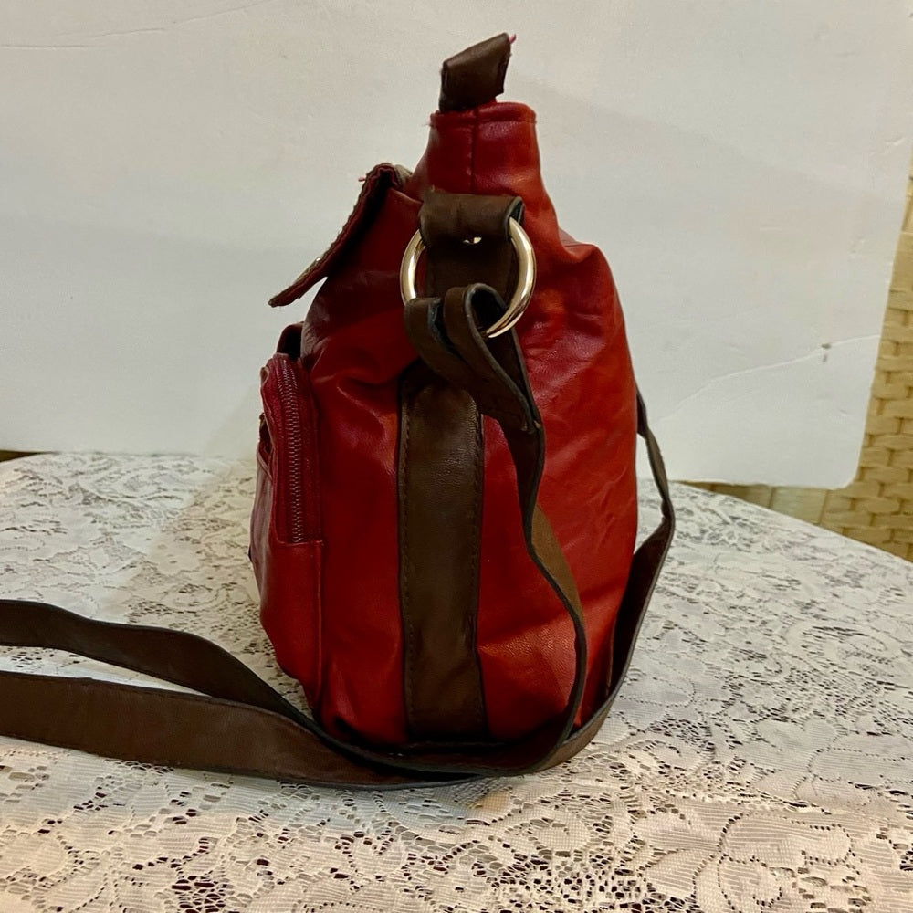 Rosetti Red and Brown Faux Leather Trim Handbag-Crossbody. (12in x 10in x 4.5in)