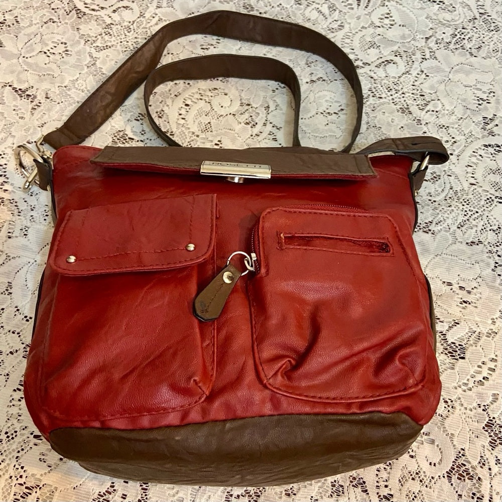 Rosetti Red and Brown Faux Leather Trim Handbag-Crossbody. (12in x 10in x 4.5in)