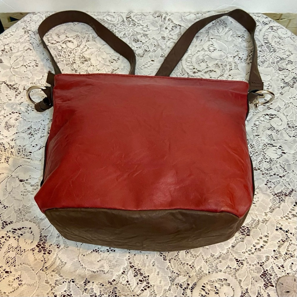 Rosetti Red and Brown Faux Leather Trim Handbag-Crossbody. (12in x 10in x 4.5in)