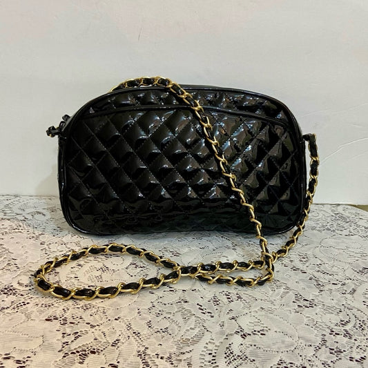 Vintage, Etra Black Quilted Leather Handbag-Crossbody (11in x 7in x 2.5in)