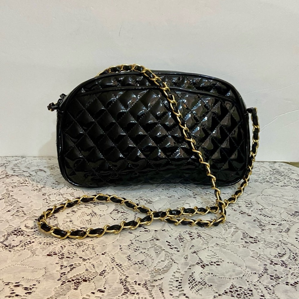 Vintage, Etra Black Quilted Leather Handbag-Crossbody (11in x 7in x 2.5in)
