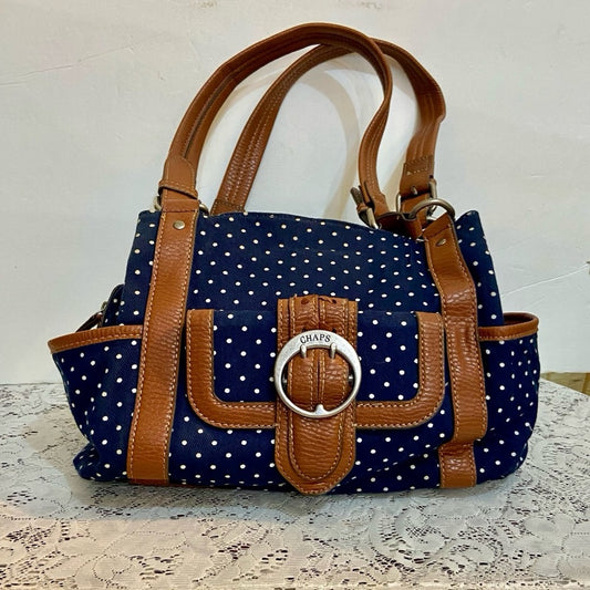 Chaps Polka Dot Blue and White with Brown Leather Trim (9.5in x 9.5in x 3.5in)