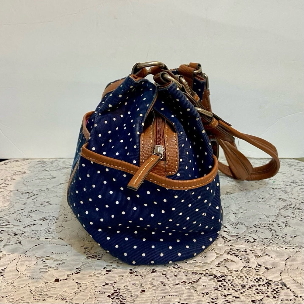 Chaps Polka Dot Blue and White with Brown Leather Trim (9.5in x 9.5in x 3.5in)