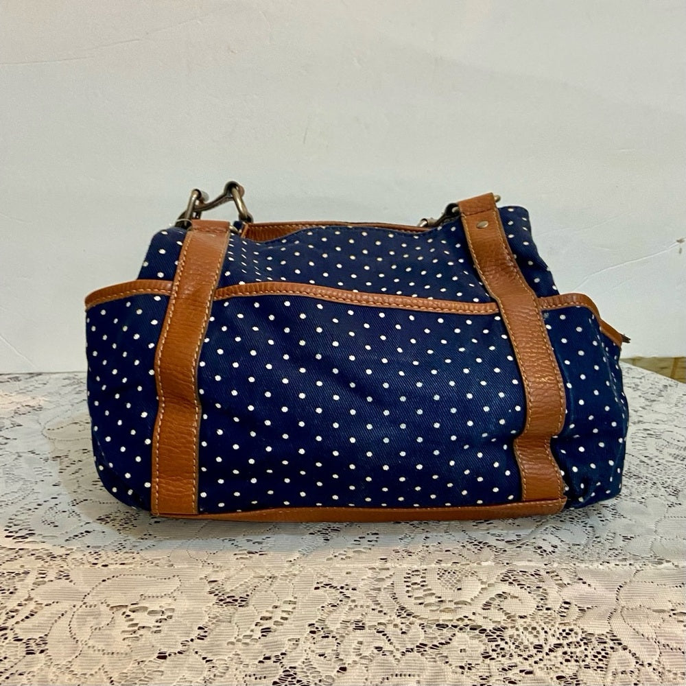 Chaps Polka Dot Blue and White with Brown Leather Trim (9.5in x 9.5in x 3.5in)