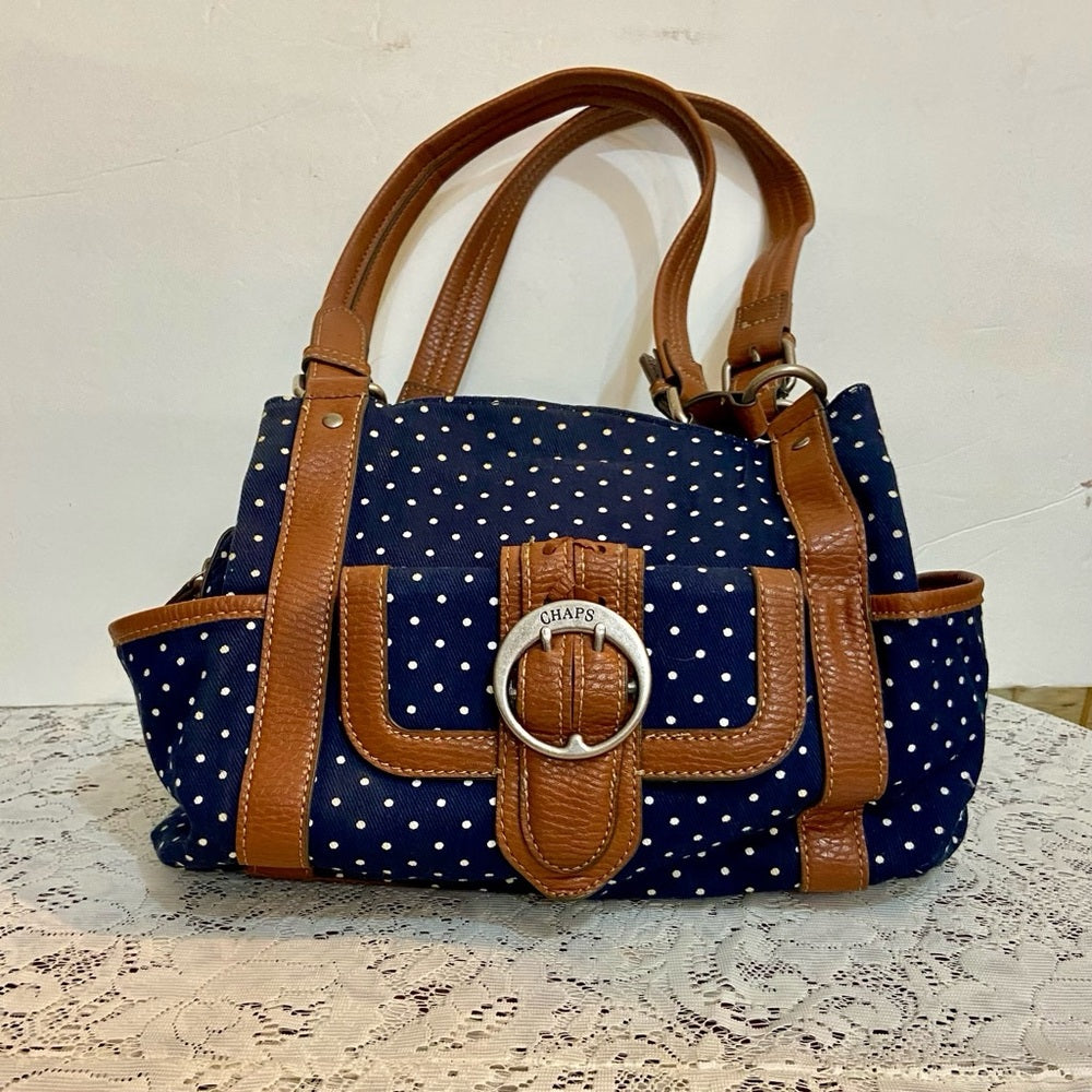Chaps Polka Dot Blue and White with Brown Leather Trim (9.5in x 9.5in x 3.5in)