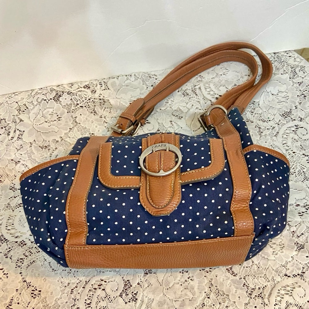 Chaps Polka Dot Blue and White with Brown Leather Trim (9.5in x 9.5in x 3.5in)