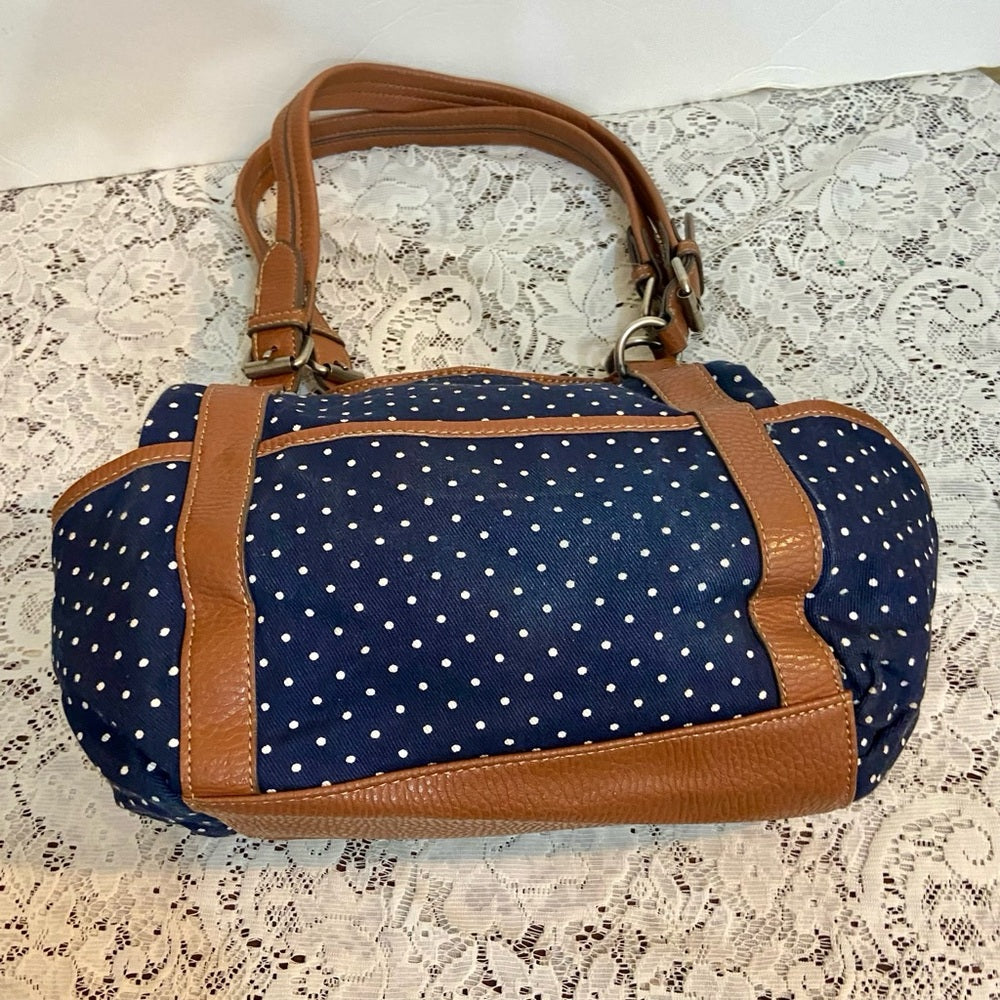 Chaps Polka Dot Blue and White with Brown Leather Trim (9.5in x 9.5in x 3.5in)