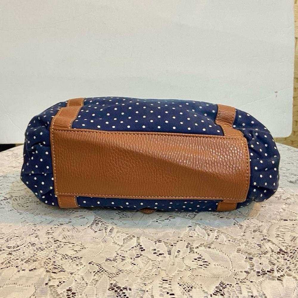 Chaps Polka Dot Blue and White with Brown Leather Trim (9.5in x 9.5in x 3.5in)