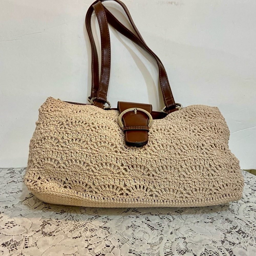 Vintage, Crocheted Beige Handbag with Brown Leather Strap ( 13in x 7.5in x 5in)