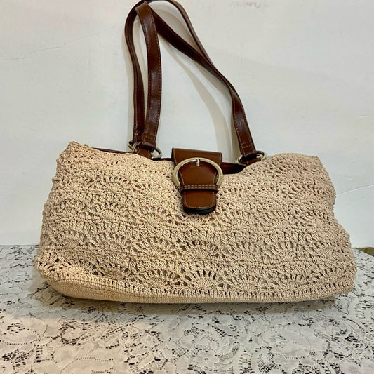 Vintage, Crocheted Beige Handbag with Brown Leather Strap ( 13in x 7.5in x 5in)