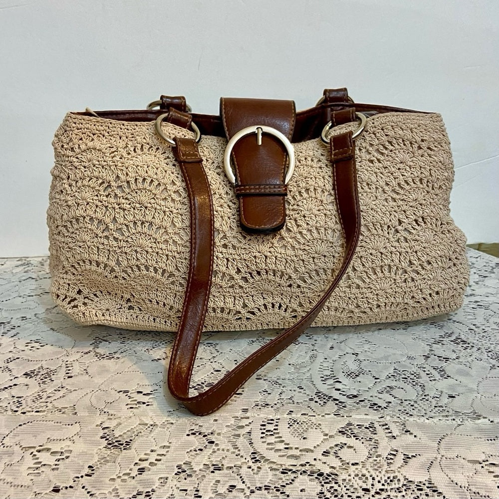 Vintage, Crocheted Beige Handbag with Brown Leather Strap ( 13in x 7.5in x 5in)