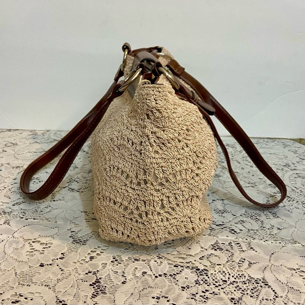 Vintage, Crocheted Beige Handbag with Brown Leather Strap ( 13in x 7.5in x 5in)