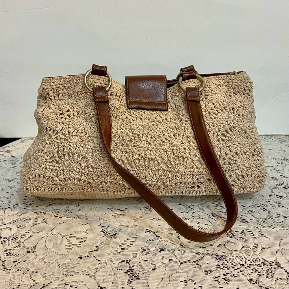 Vintage, Crocheted Beige Handbag with Brown Leather Strap ( 13in x 7.5in x 5in)