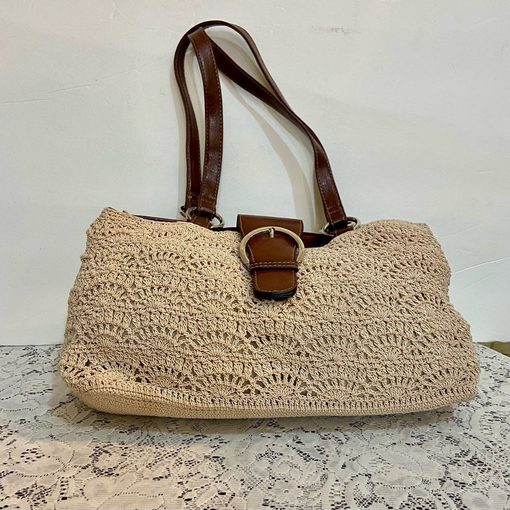 Vintage, Crocheted Beige Handbag with Brown Leather Strap ( 13in x 7.5in x 5in)