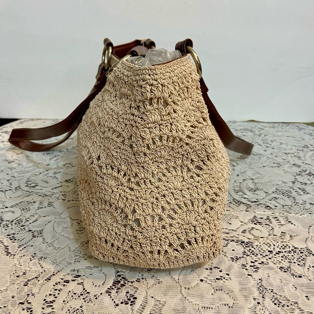 Vintage, Crocheted Beige Handbag with Brown Leather Strap ( 13in x 7.5in x 5in)