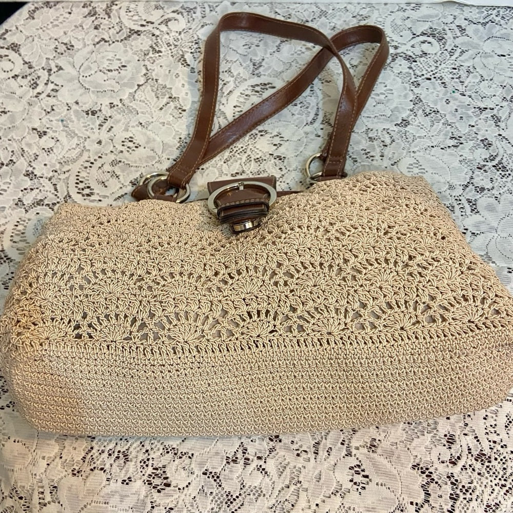 Vintage, Crocheted Beige Handbag with Brown Leather Strap ( 13in x 7.5in x 5in)