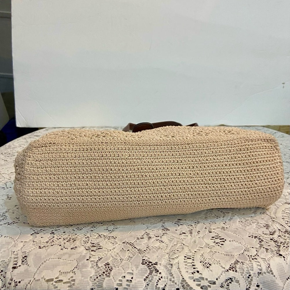Vintage, Crocheted Beige Handbag with Brown Leather Strap ( 13in x 7.5in x 5in)