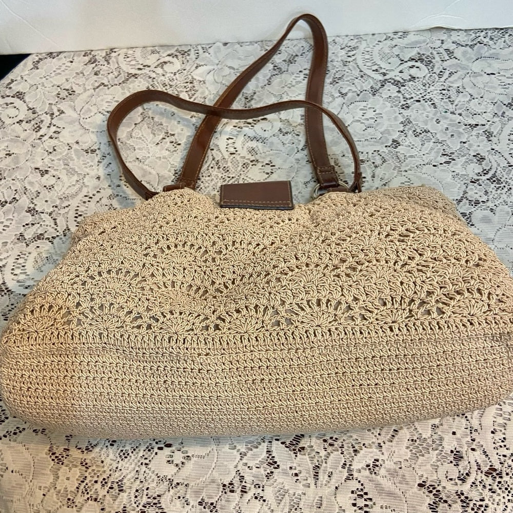 Vintage, Crocheted Beige Handbag with Brown Leather Strap ( 13in x 7.5in x 5in)