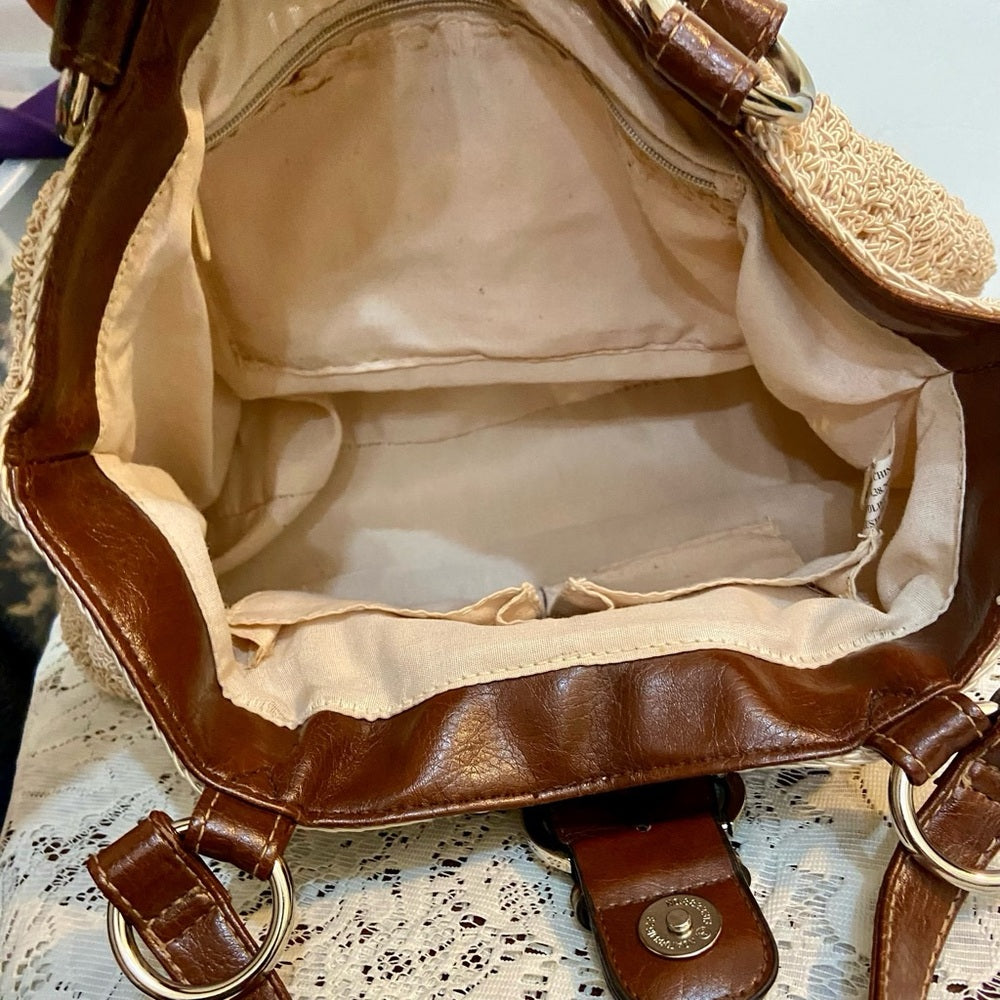 Vintage, Crocheted Beige Handbag with Brown Leather Strap ( 13in x 7.5in x 5in)
