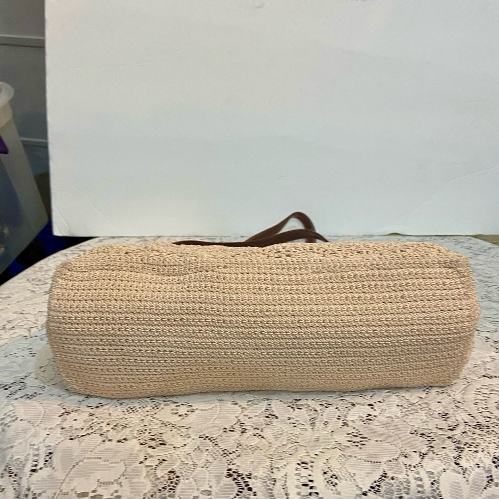 Vintage, Crocheted Beige Handbag with Brown Leather Strap ( 13in x 7.5in x 5in)
