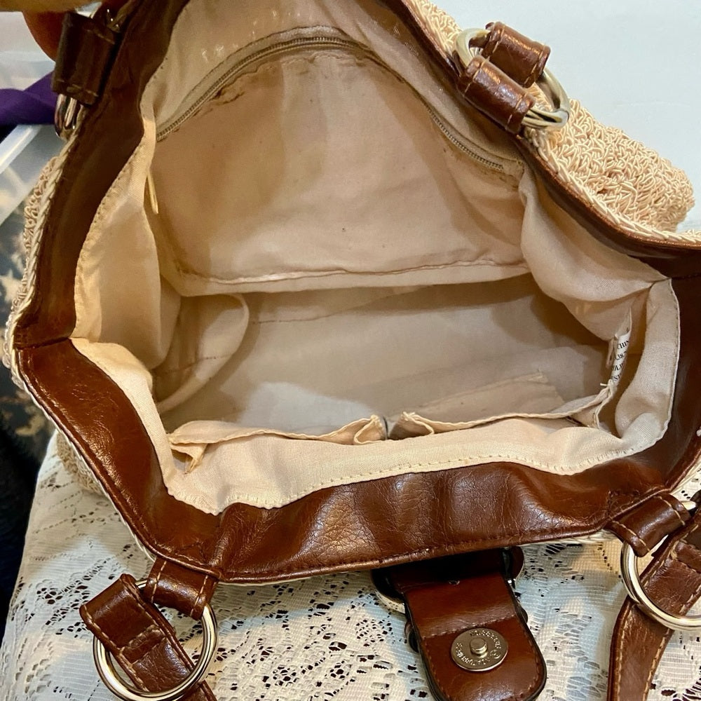 Vintage, Crocheted Beige Handbag with Brown Leather Strap ( 13in x 7.5in x 5in)