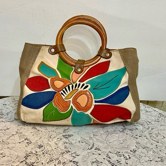 Relic Floral Beige Handbag with Tan Leather  Trim (11in x 8.5in x 4in)