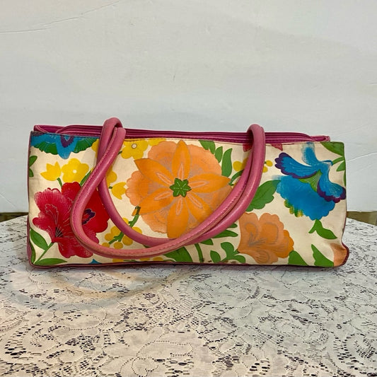 Multi color Floral Handbag with Pink Leather Trim (14in x 6.5in x 4in)