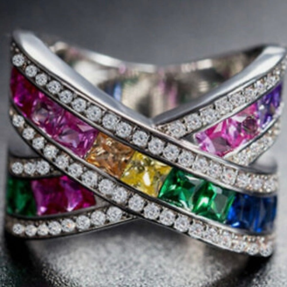 Size 6- Multi-color Gemstones- Cubic Zirconia 925 Silver Ring