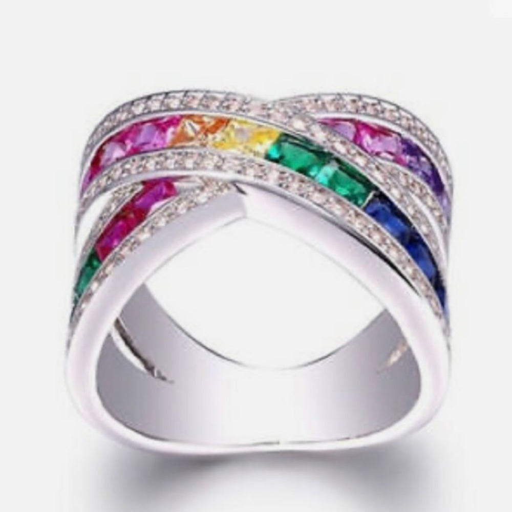 Size 6- Multi-color Gemstones- Cubic Zirconia 925 Silver Ring