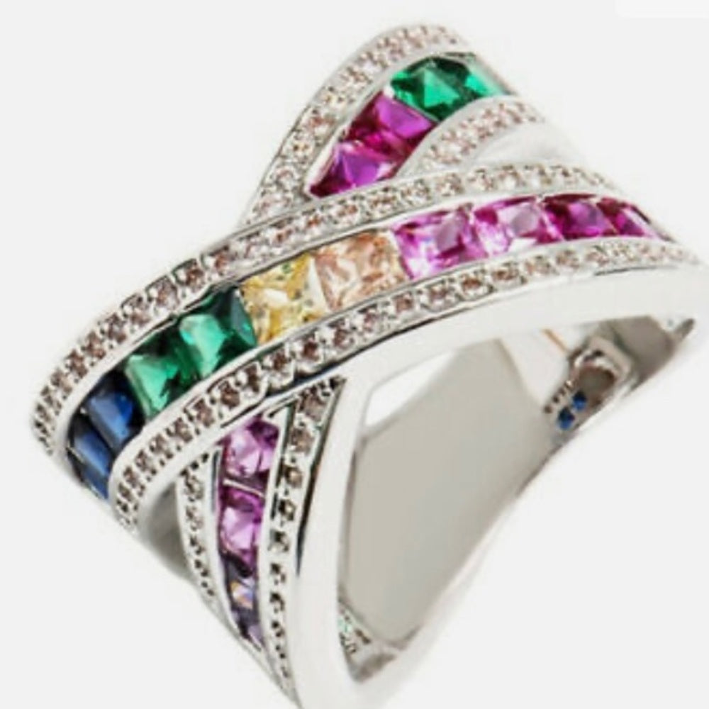 Size 6- Multi-color Gemstones- Cubic Zirconia 925 Silver Ring