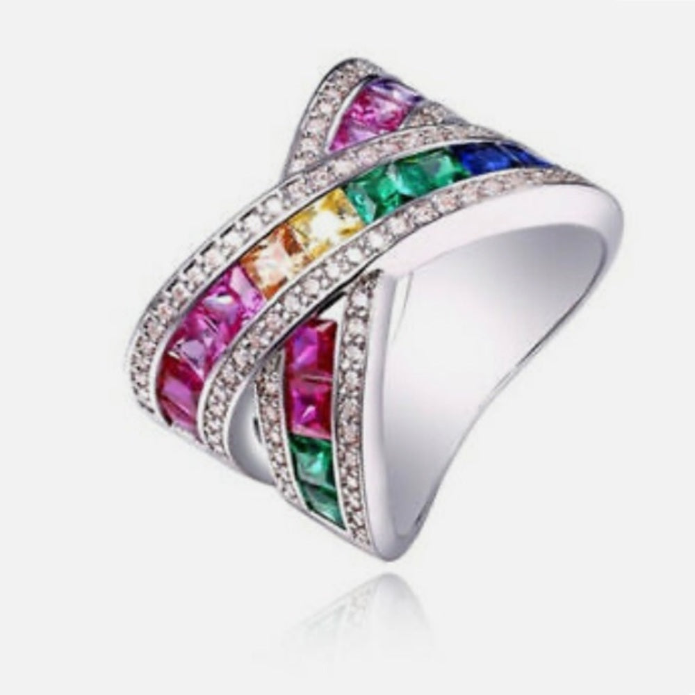 Size 6- Multi-color Gemstones- Cubic Zirconia 925 Silver Ring