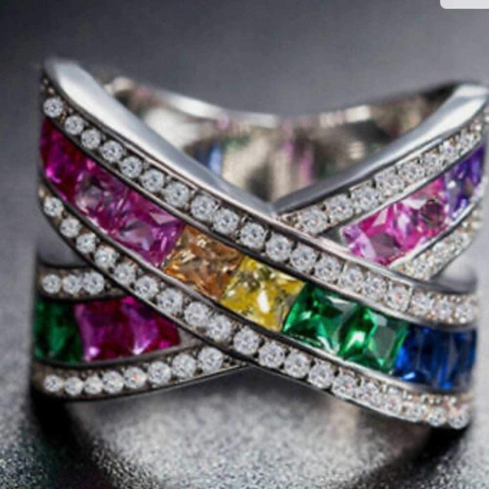 Size 6- Multi-color Gemstones- Cubic Zirconia 925 Silver Ring