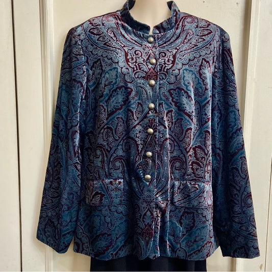 Cold Water Creek Blue-Burgundy Paisley Velvet Cost-Jacket - L