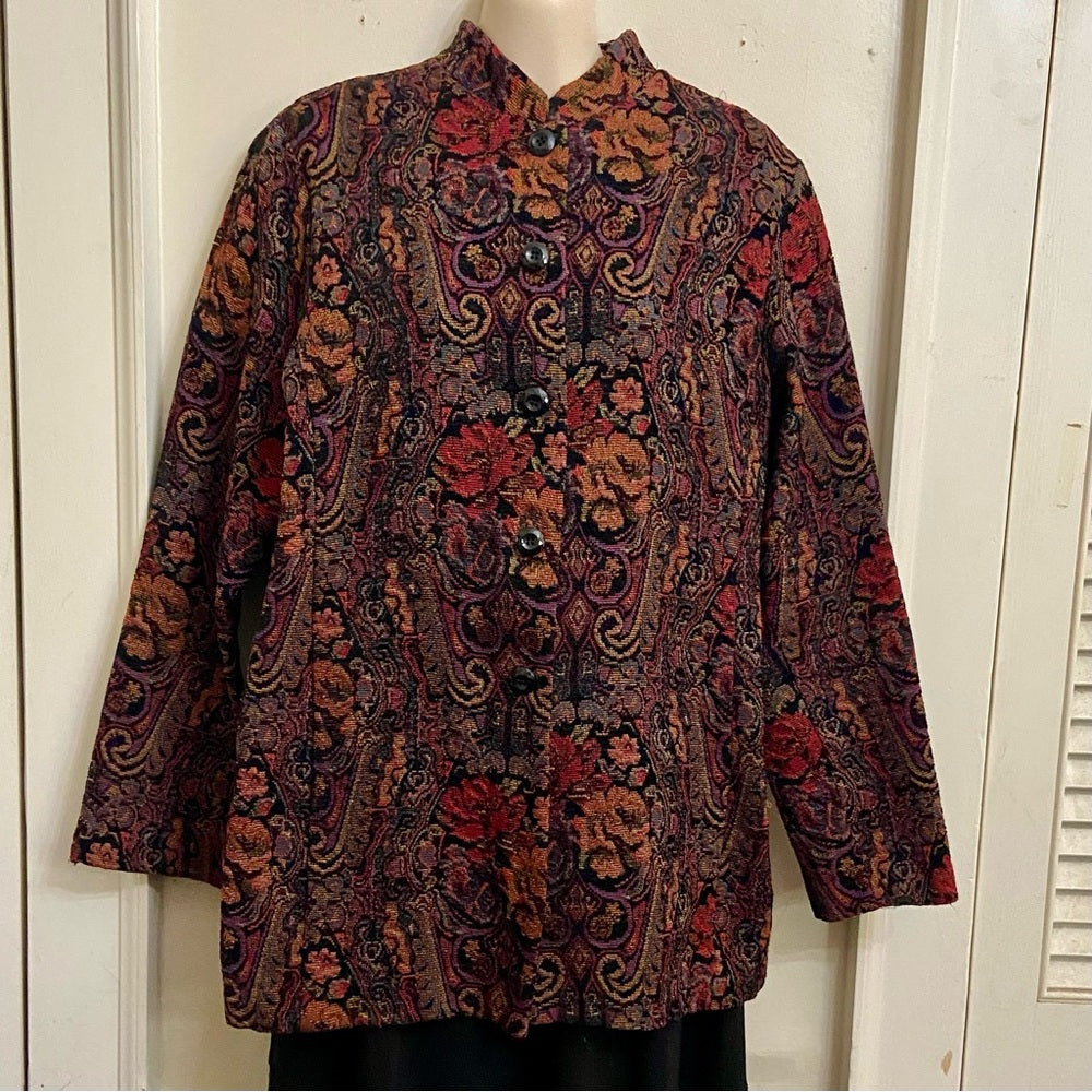 Cold water Creek Red and Black Tapestry Coat- Jacket - M