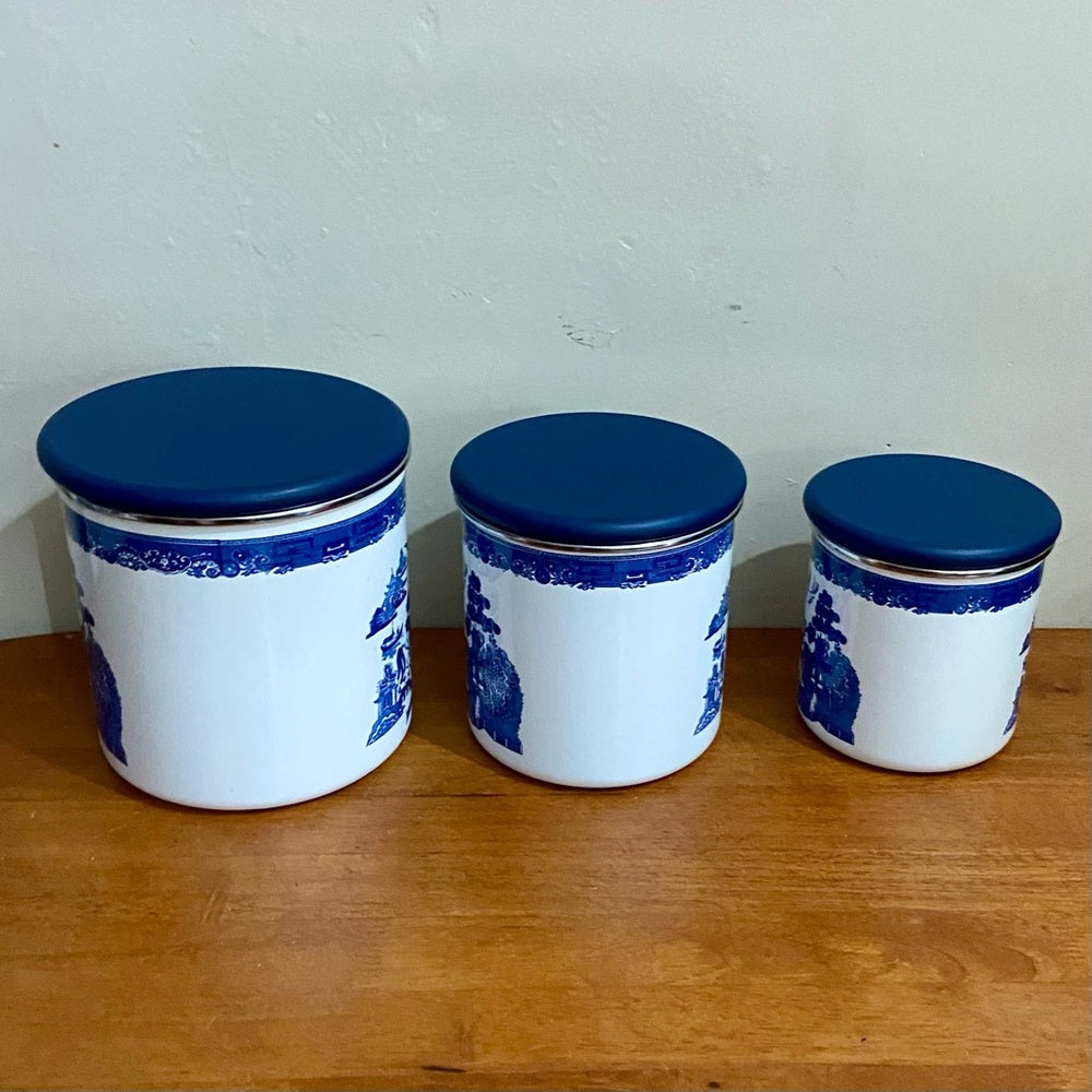 Vintage, Rare, Set of 3  Blue Willow Enamelware Canister Set  7.5in T, 6.5in T