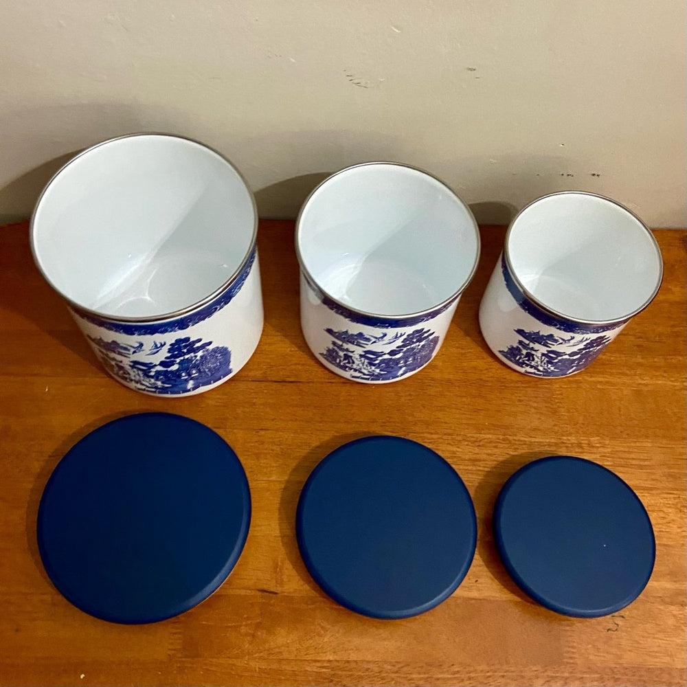 Vintage, Rare, Set of 3  Blue Willow Enamelware Canister Set  7.5in T, 6.5in T