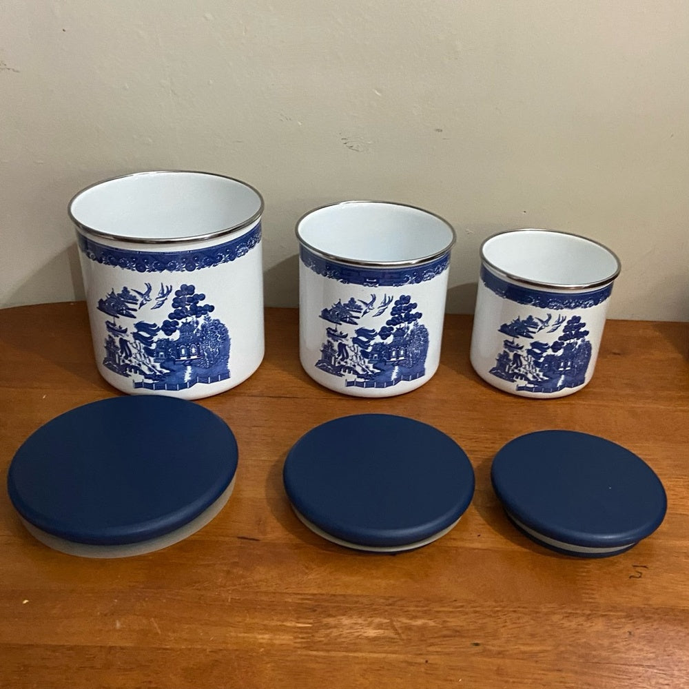 Vintage, Rare, Set of 3  Blue Willow Enamelware Canister Set  7.5in T, 6.5in T