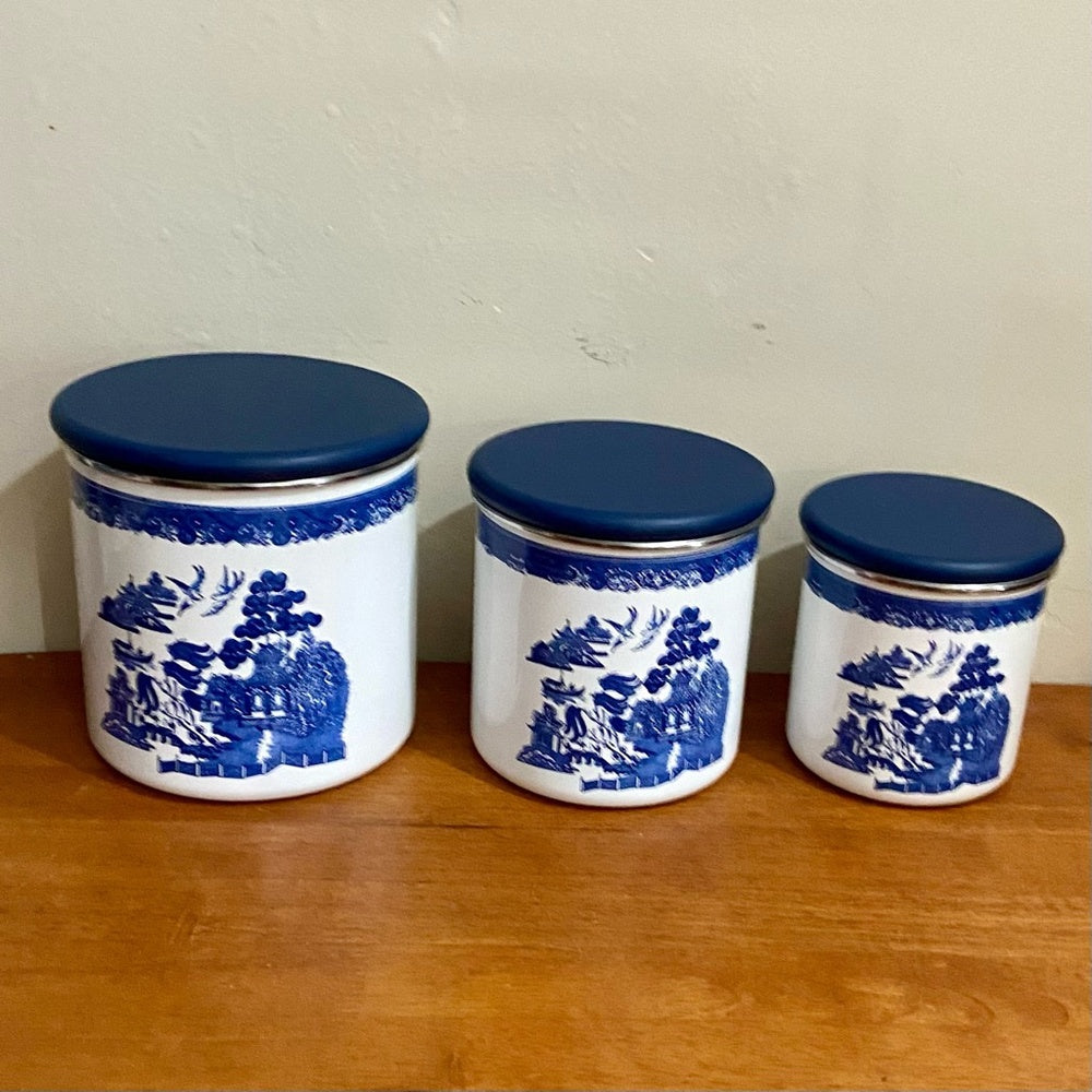 Vintage, Rare, Set of 3  Blue Willow Enamelware Canister Set  7.5in T, 6.5in T