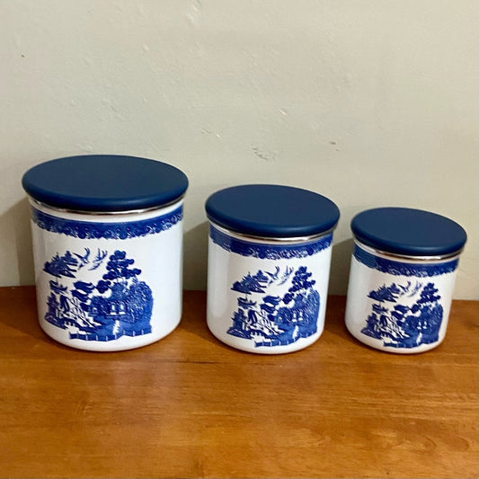 Vintage, Rare, Set of 3  Blue Willow Enamelware Canister Set  7.5in T, 6.5in T