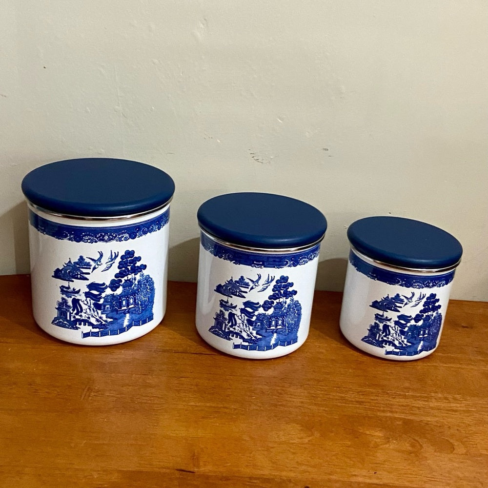 Vintage, Rare, Set of 3  Blue Willow Enamelware Canister Set  7.5in T, 6.5in T