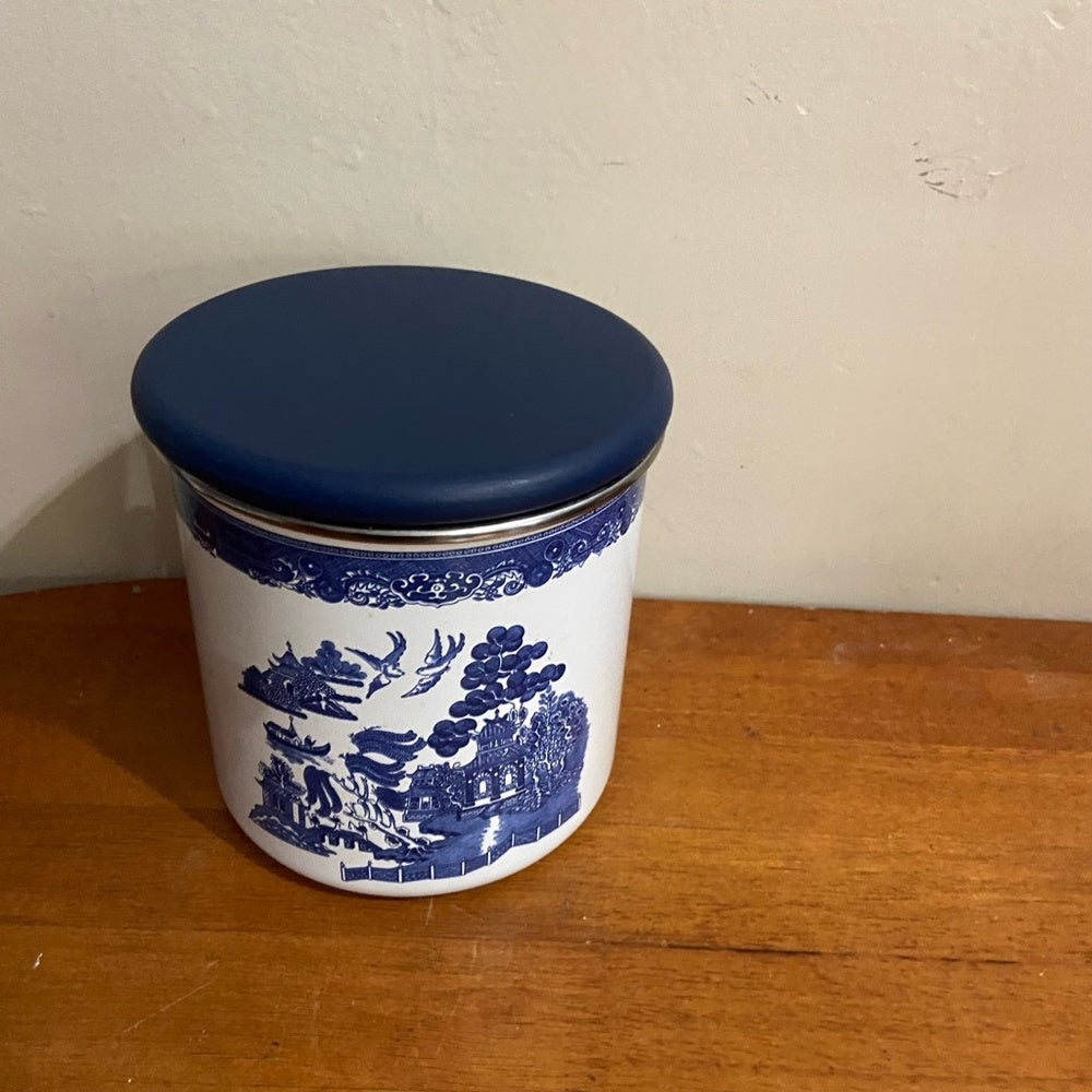 Vintage, Rare, Set of 3  Blue Willow Enamelware Canister Set  7.5in T, 6.5in T
