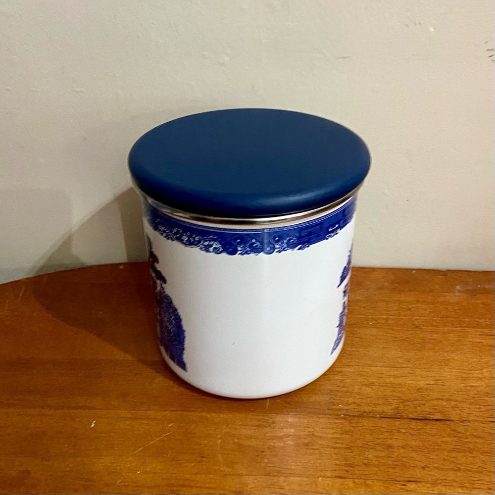 Vintage, Rare, Set of 3  Blue Willow Enamelware Canister Set  7.5in T, 6.5in T