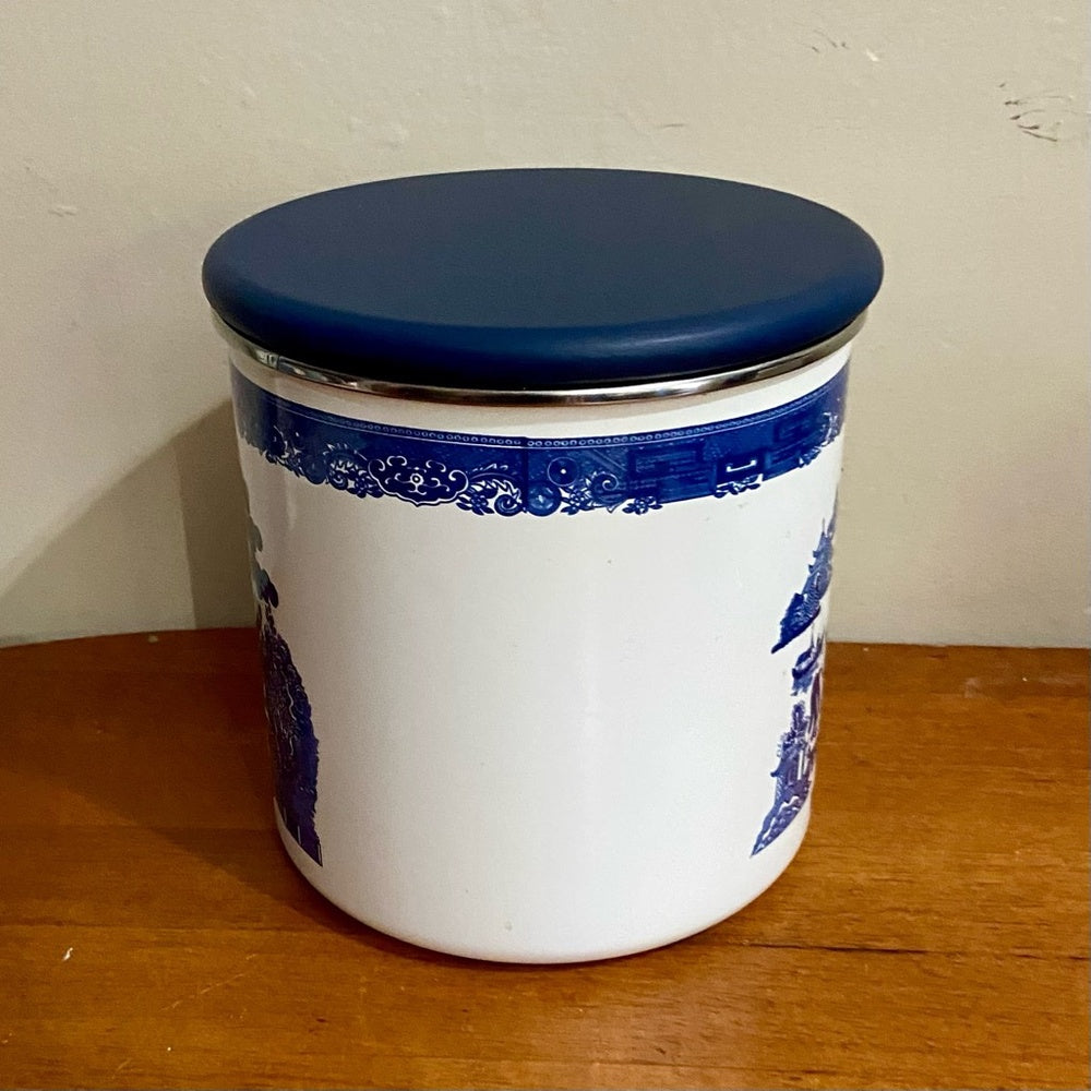 Vintage, Rare, Set of 3  Blue Willow Enamelware Canister Set  7.5in T, 6.5in T