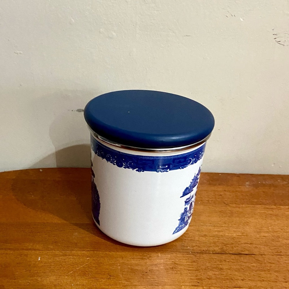 Vintage, Rare, Set of 3  Blue Willow Enamelware Canister Set  7.5in T, 6.5in T